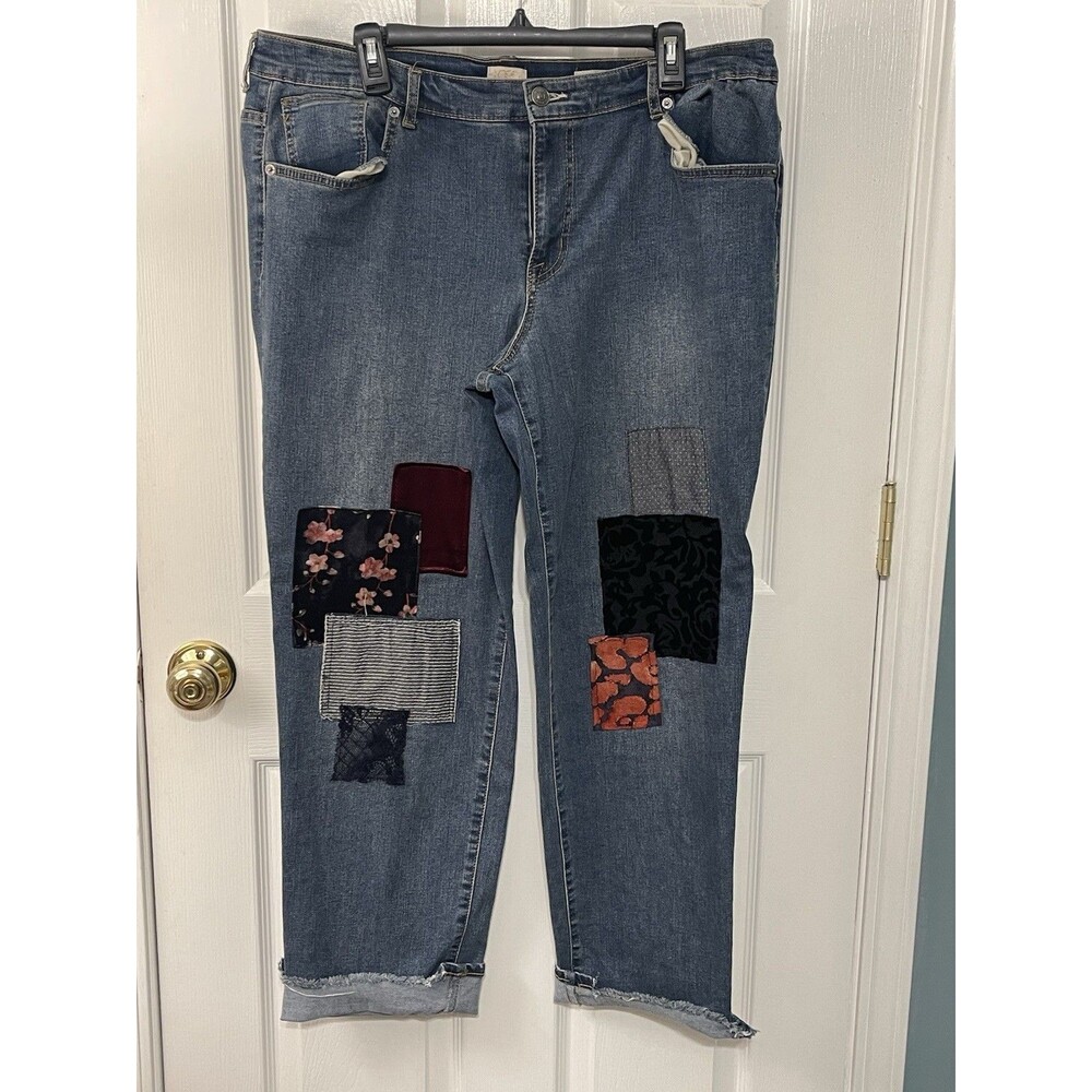 LOGO Lori Goldstein Boyfriend Patchwork Jeans Medium Wash Cuffed Womens 16T 0274
